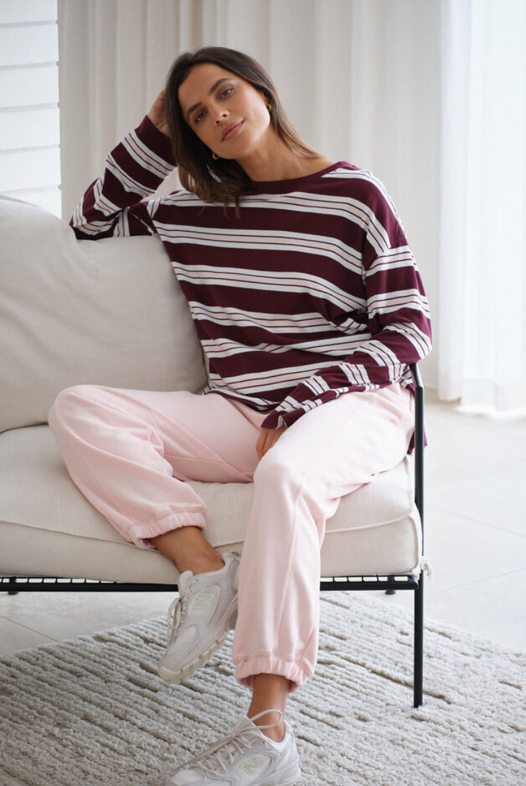 Slouchy Long Sleeve Tee | Raisin / Vanilla Stripe
