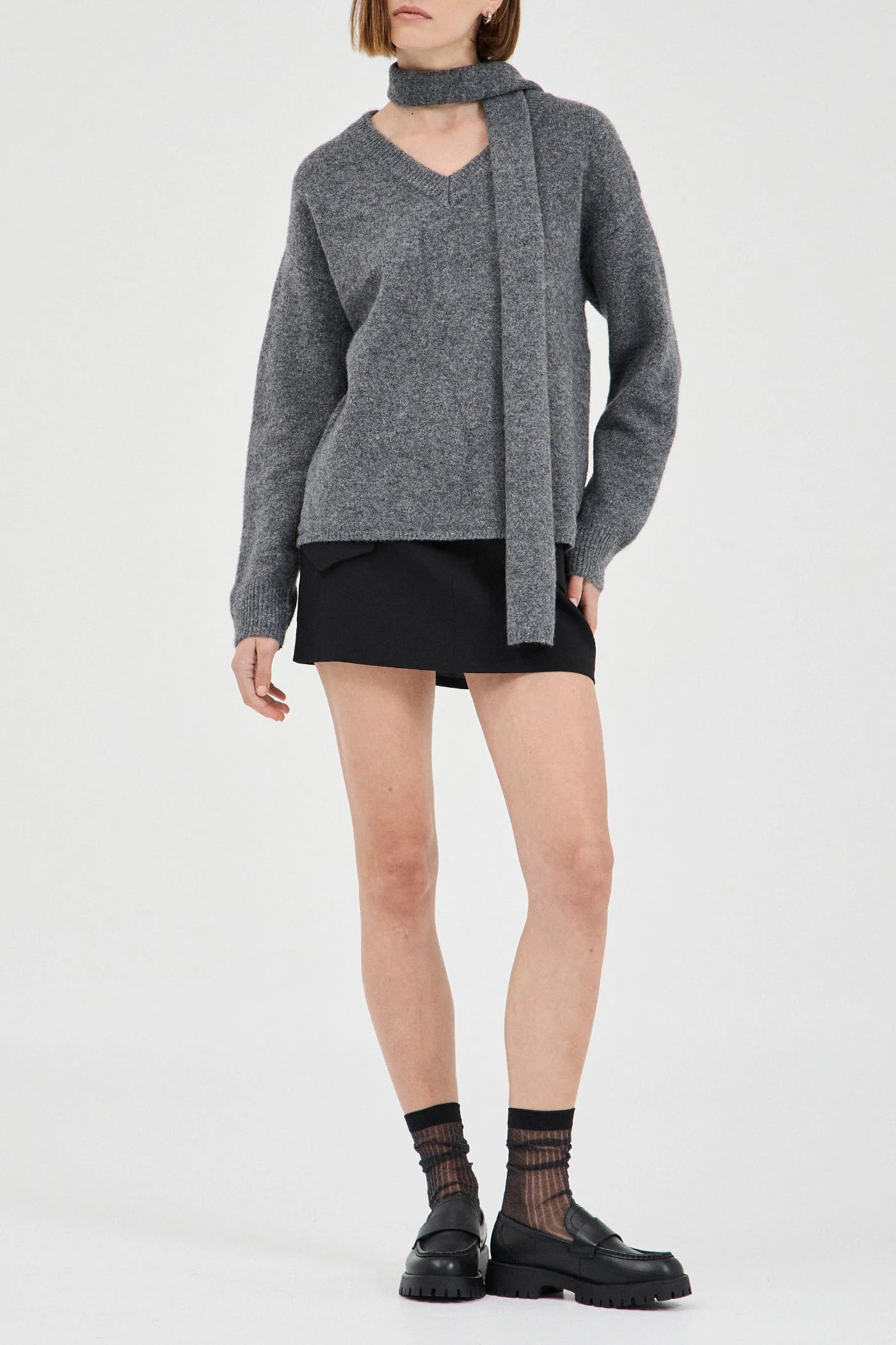Basic V-Neck Knit With Tie | Dark Grey