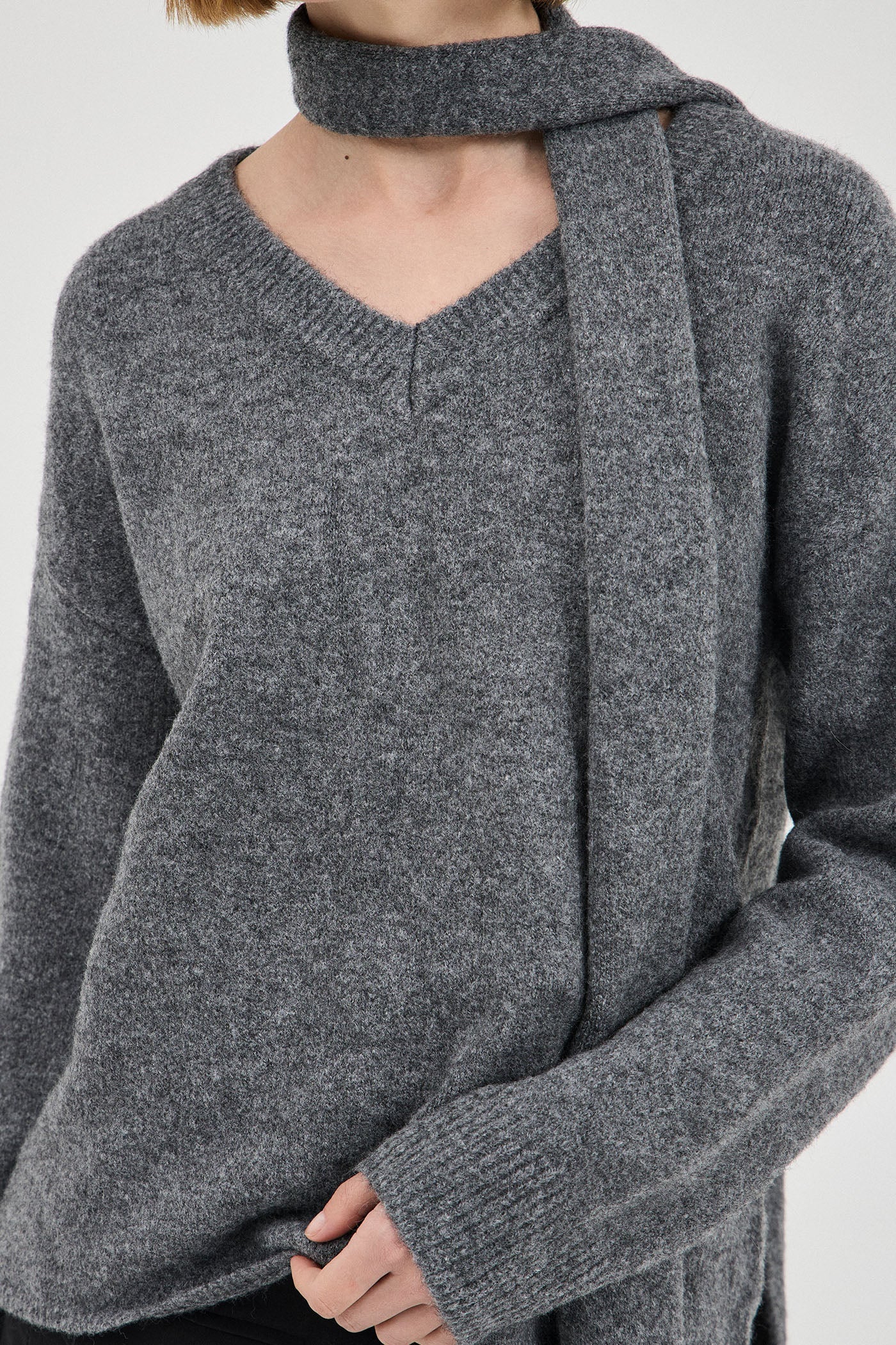 Basic V-Neck Knit With Tie | Dark Grey