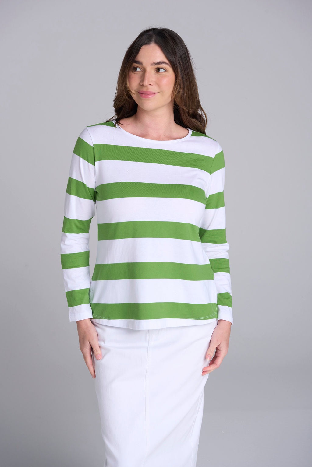 A-Line Long Sleeve Tee | White / Leaf Green