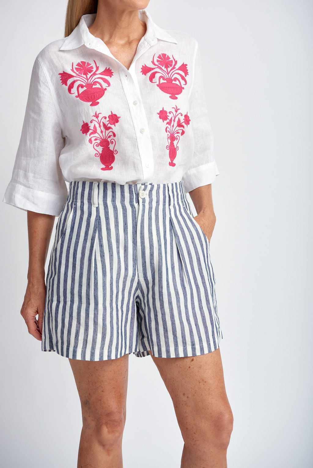 Stripe Linen Shorts | Navy & White
