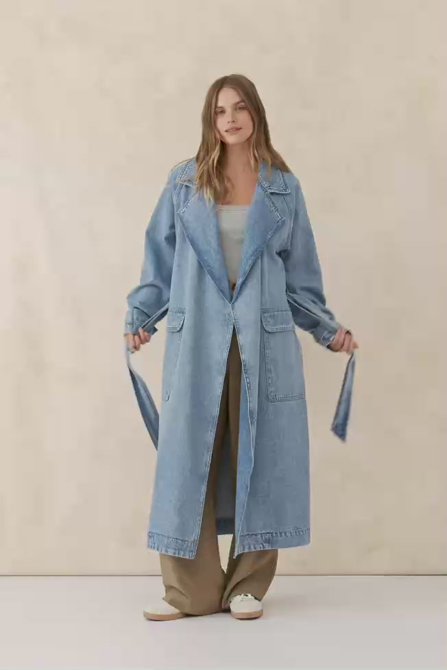 Load and play video in Gallery viewer, Denim Trench Coat | Vintage Blue
