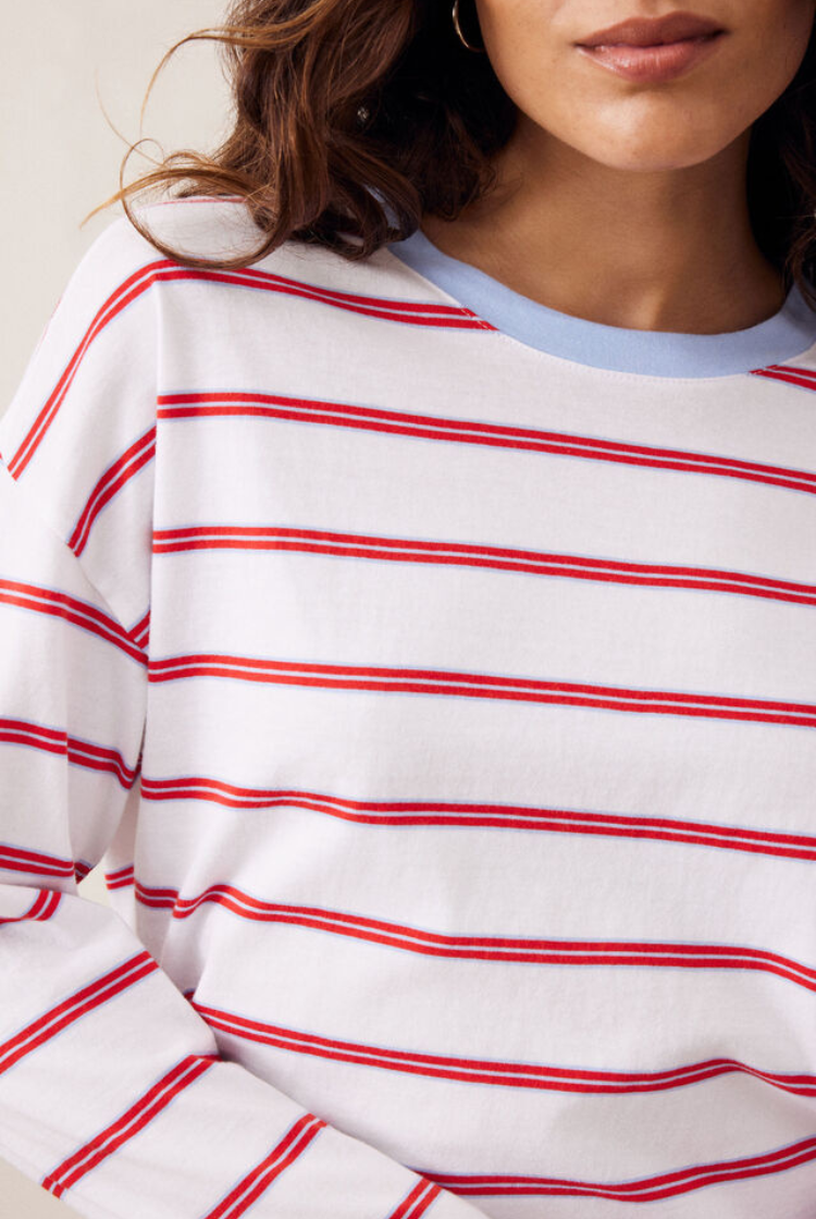 Scout Slouchy Long Sleeve Tee | White/ China Blue Chilli Stripe