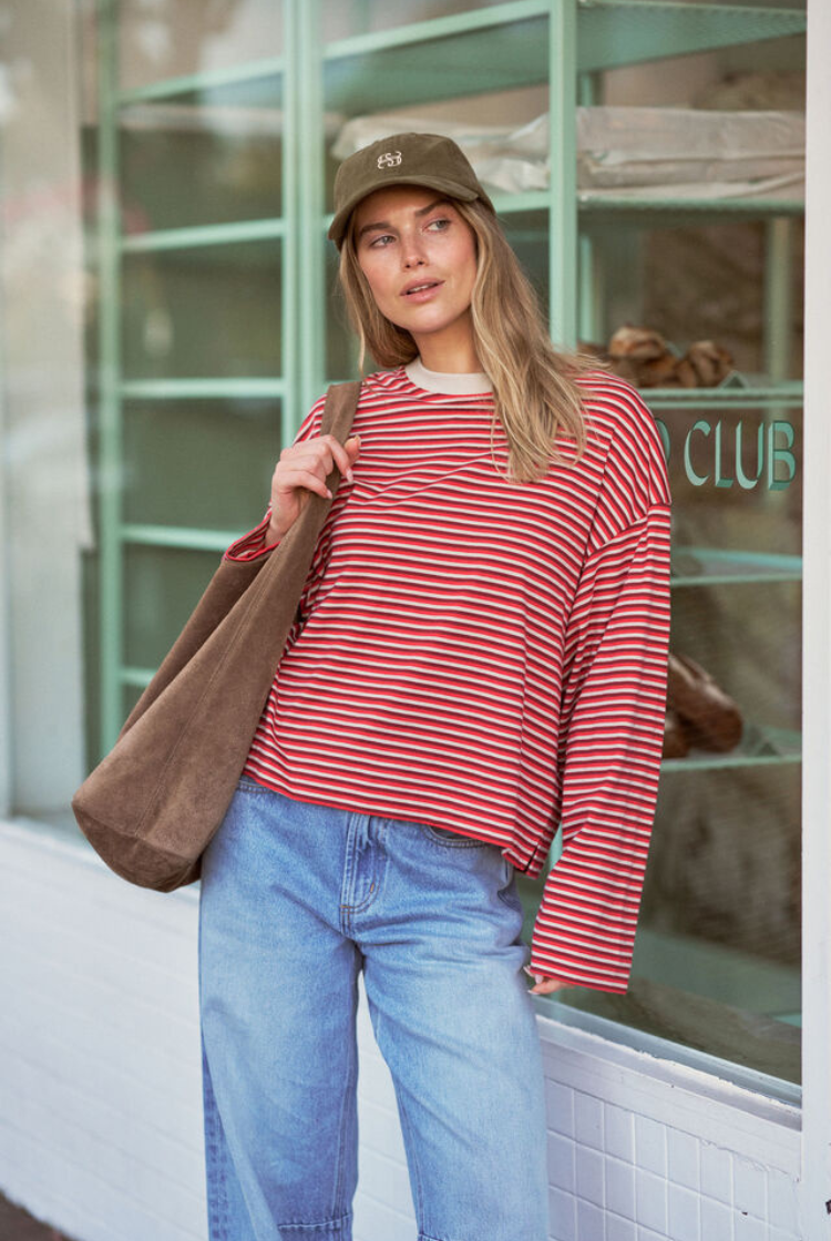 Beau Long Sleeve Slouchy Tee | Mulberry/ Red/ Stone Stripe