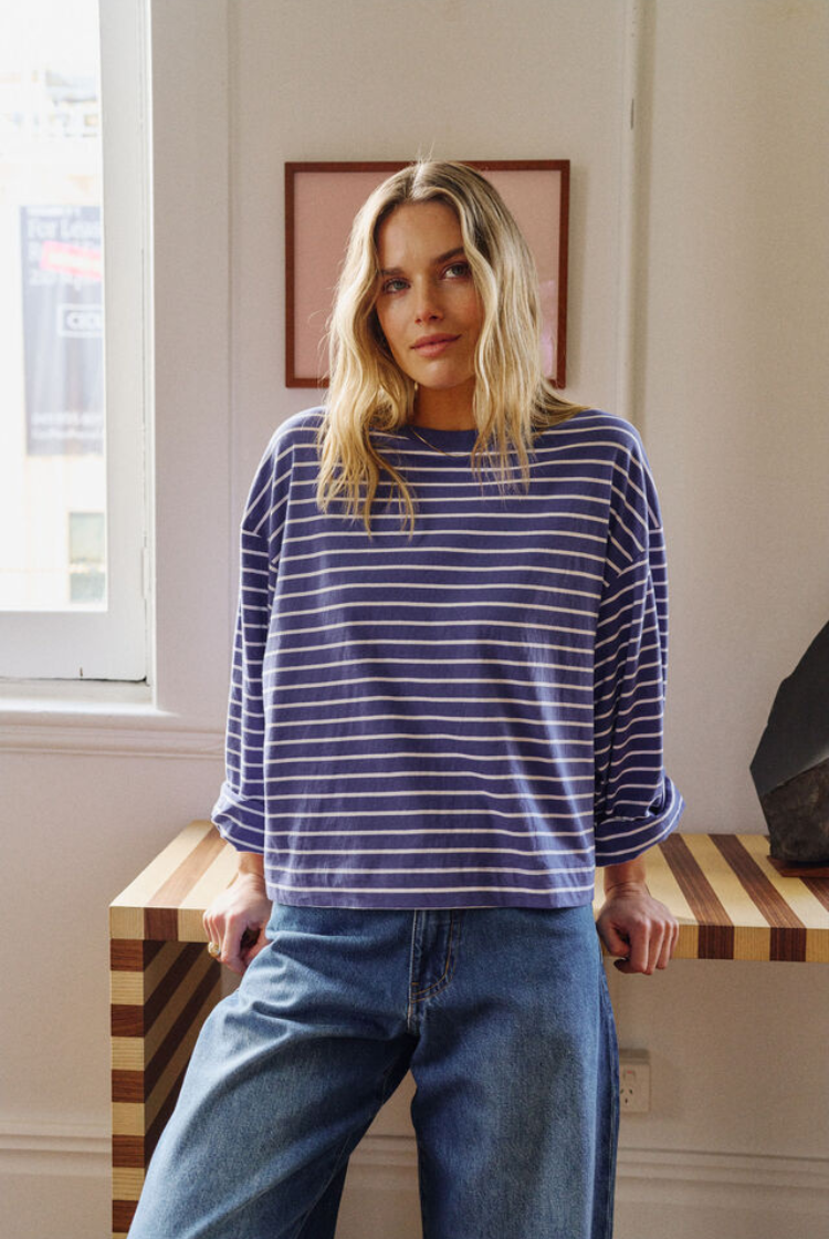 Beau Long Sleeve Slouchy Tee | Polo Blue/ White Stripe