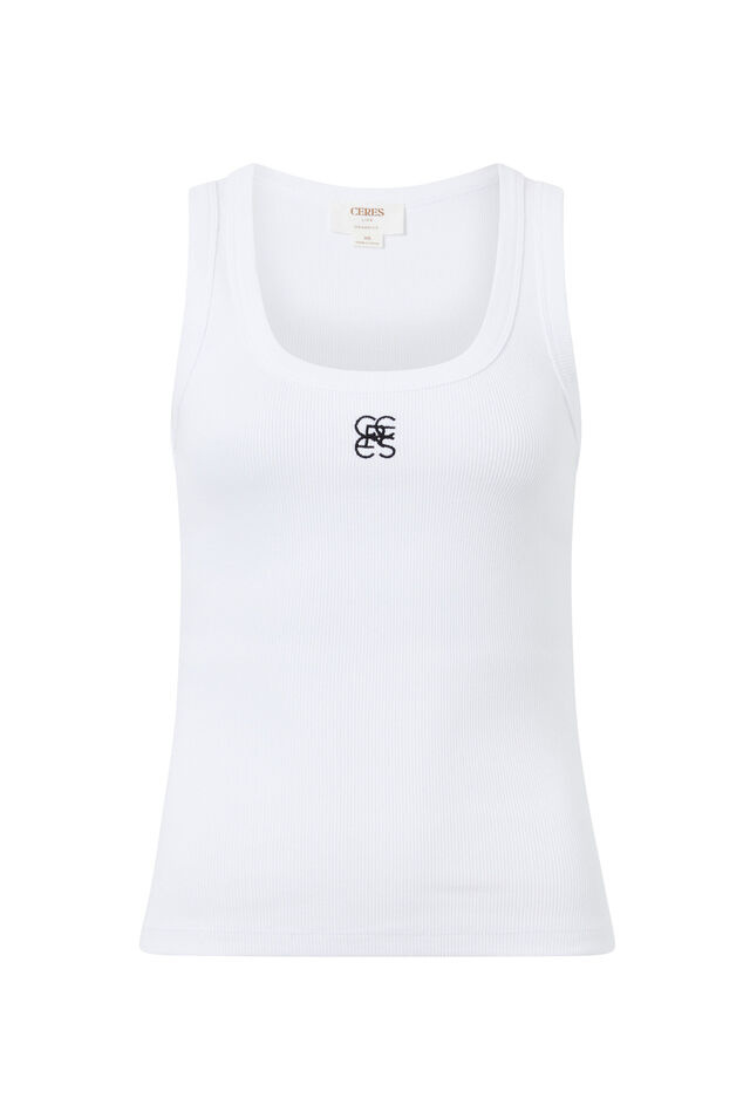 Zoe Contour Rib Scoop Tank | White/ Black Monogram Embroidery