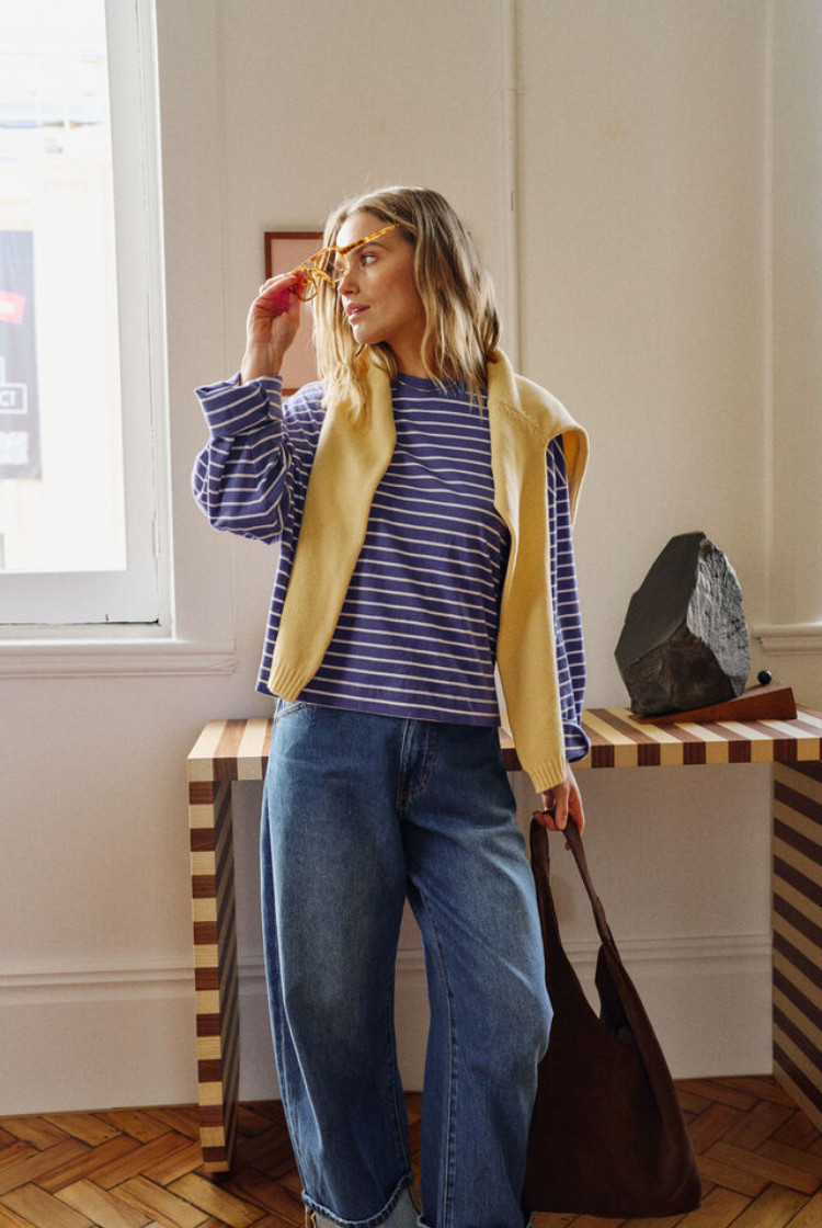 Beau Long Sleeve Slouchy Tee | Polo Blue/ White Stripe