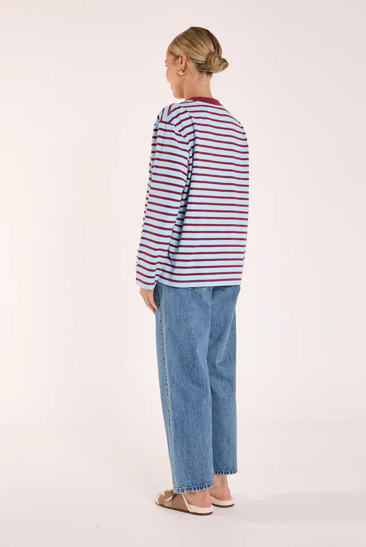 Carter Long Sleeve Tee | Wine/ Blue Stripe
