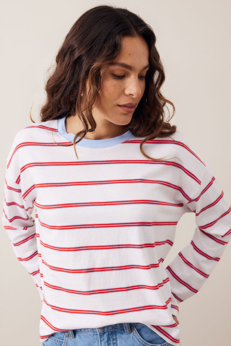 Scout Slouchy Long Sleeve Tee | White/ China Blue Chilli Stripe