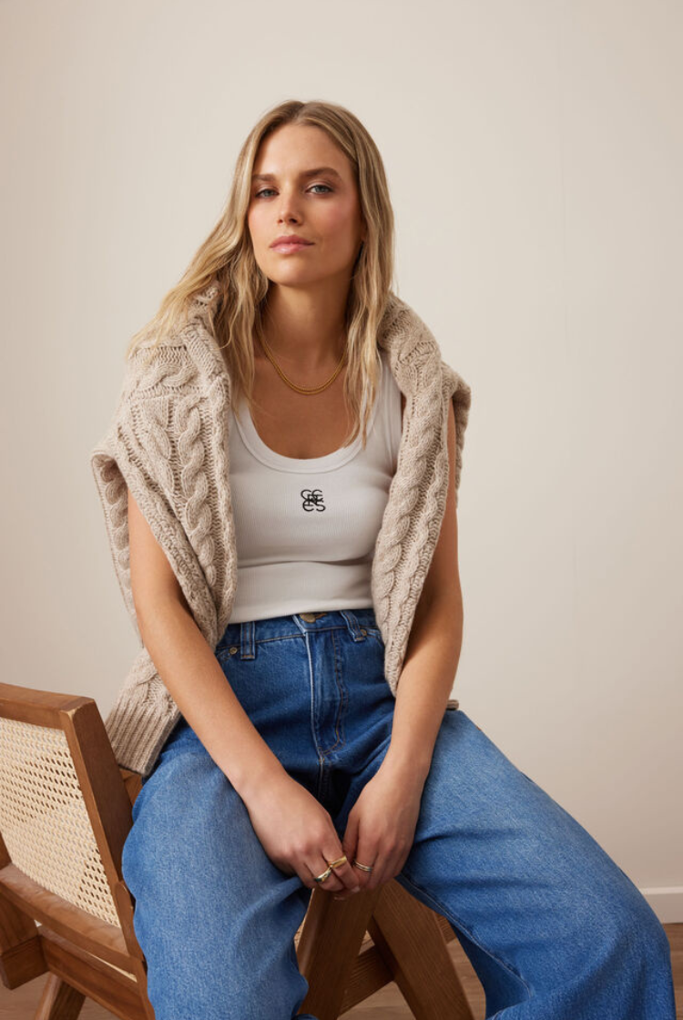 Zoe Contour Rib Scoop Tank | White/ Black Monogram Embroidery