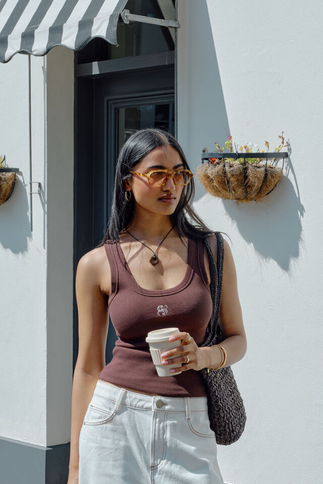 Zoe Contour Rib Scoop Tank | Chocolate/ Monogram Embroidery