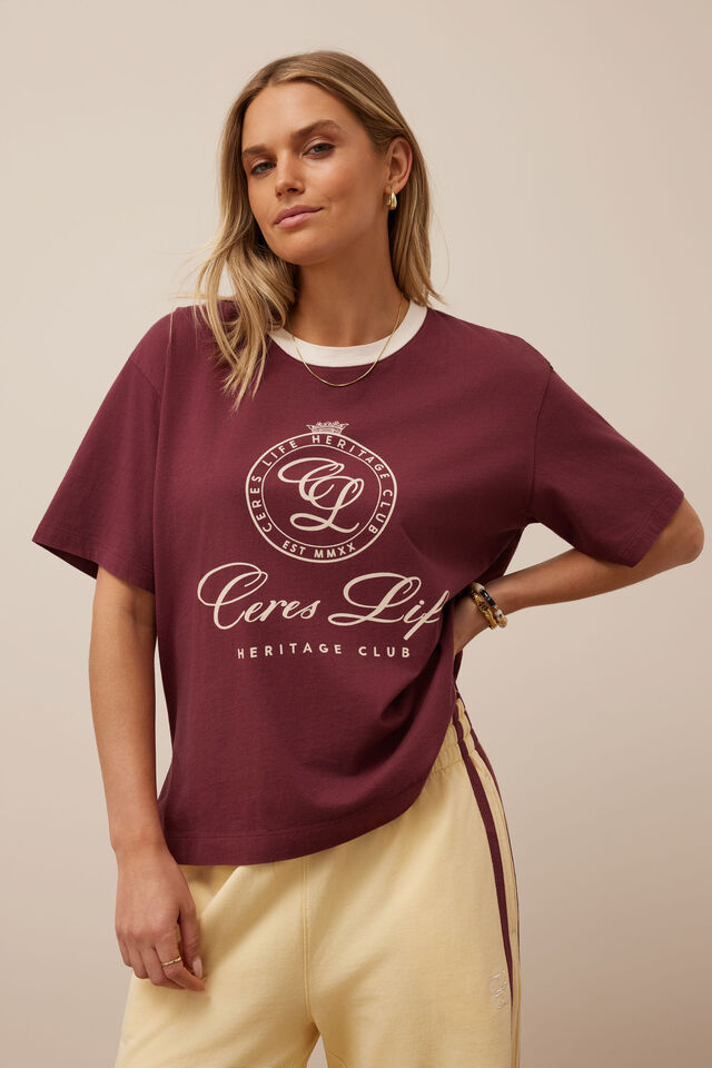 Stevie Slouchy Tee | Washed Burgandy/ Club Logo