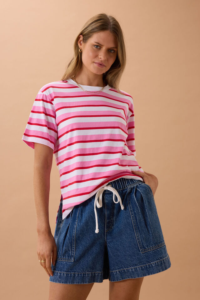 Stevie Slouchy Tee | Hibiscus Heritage Red Stripe