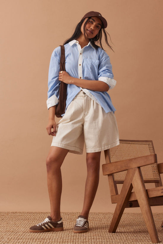 Sylvie Longline Pleat Denim Short | Ecru