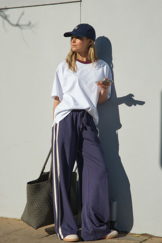 Gigi Wide Leg Terry Trackpant | New Navy Side Stripe