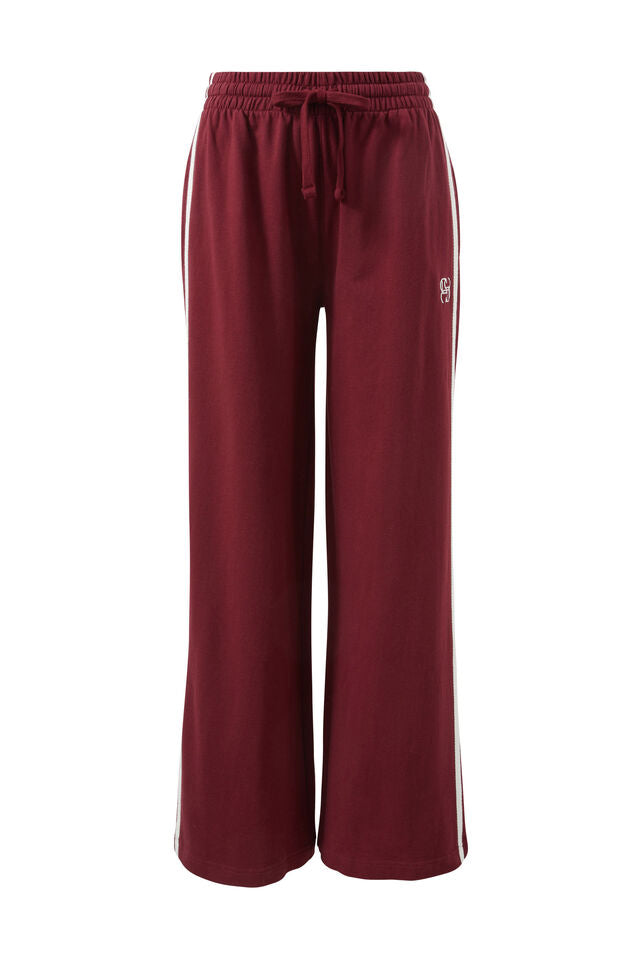 Gigi Wide Leg Terry Trackpant | Burgundy Side Stripe