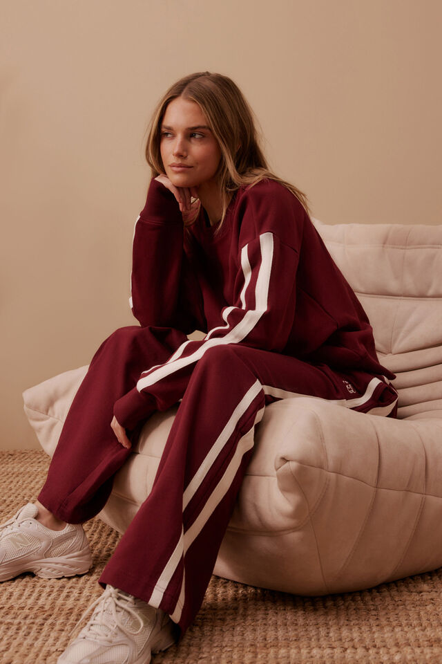 Gigi Wide Leg Terry Trackpant | Burgundy Side Stripe