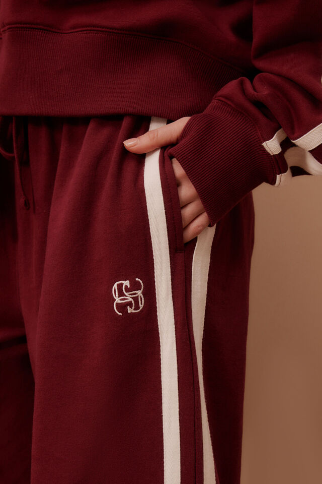 Gigi Wide Leg Terry Trackpant | Burgundy Side Stripe