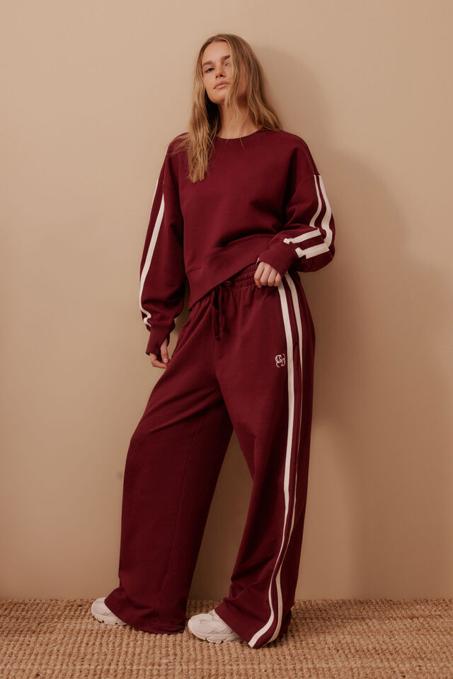 Gigi Wide Leg Terry Trackpant | Burgundy Side Stripe