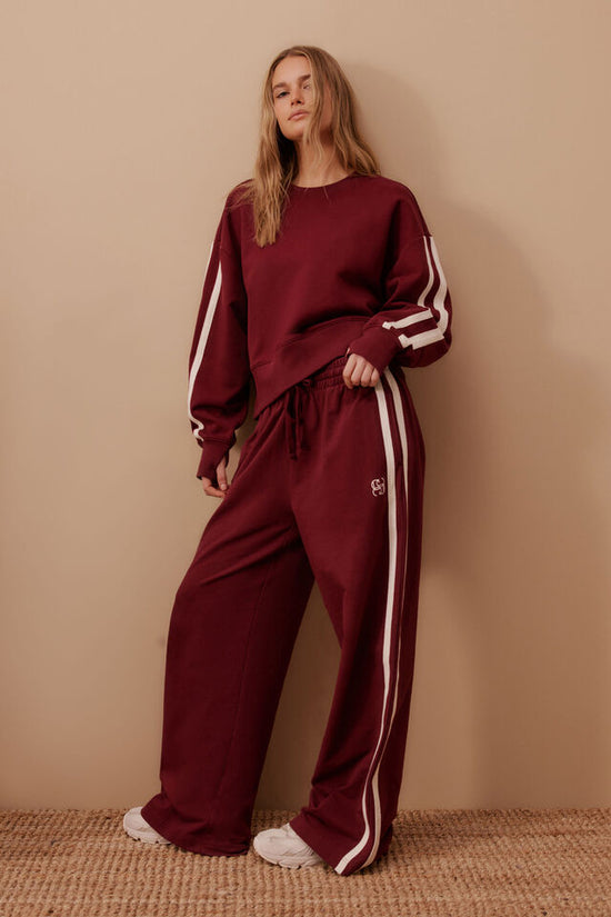 Gigi Wide Leg Terry Trackpant | Burgundy Side Stripe