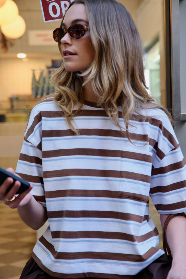Boa Boxy Pocket Tee | White/ Milk Choc Chalk Stripe