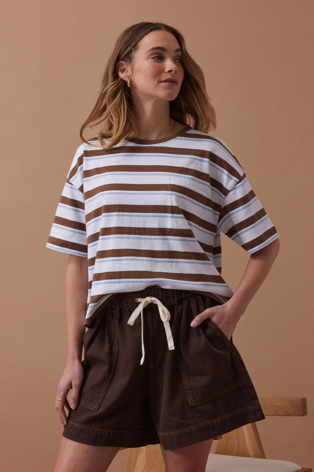 Boa Boxy Pocket Tee | White/ Milk Choc Chalk Stripe
