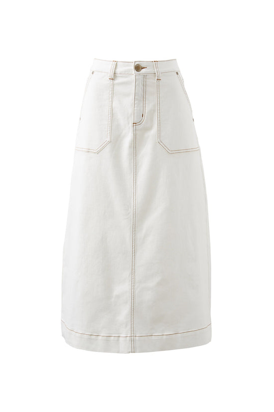 Patch Pocket Denim Midi Skirt | Ecru