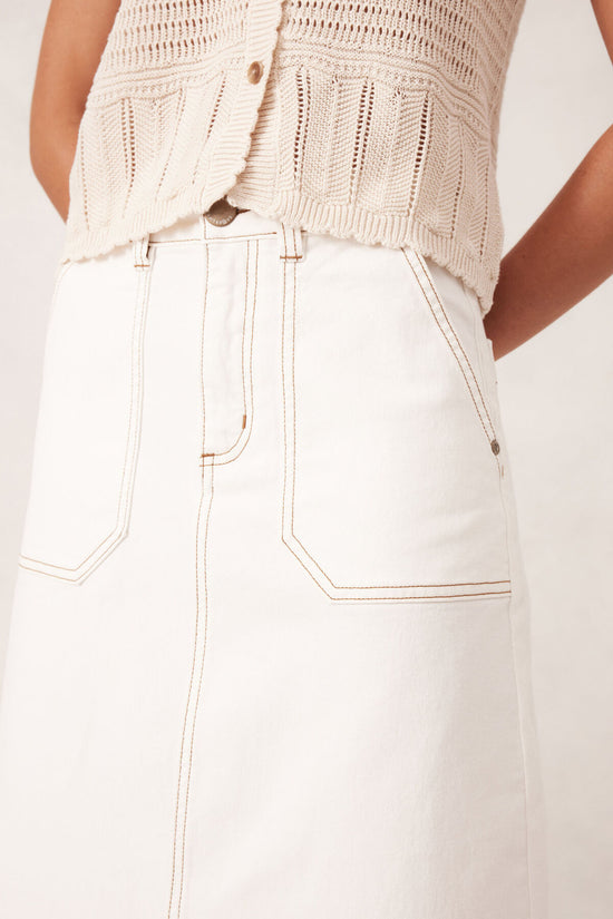 Patch Pocket Denim Midi Skirt | Ecru