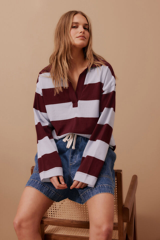 Shelby Slouchy Rugby Top | Chalk Blue Raisin Stripe