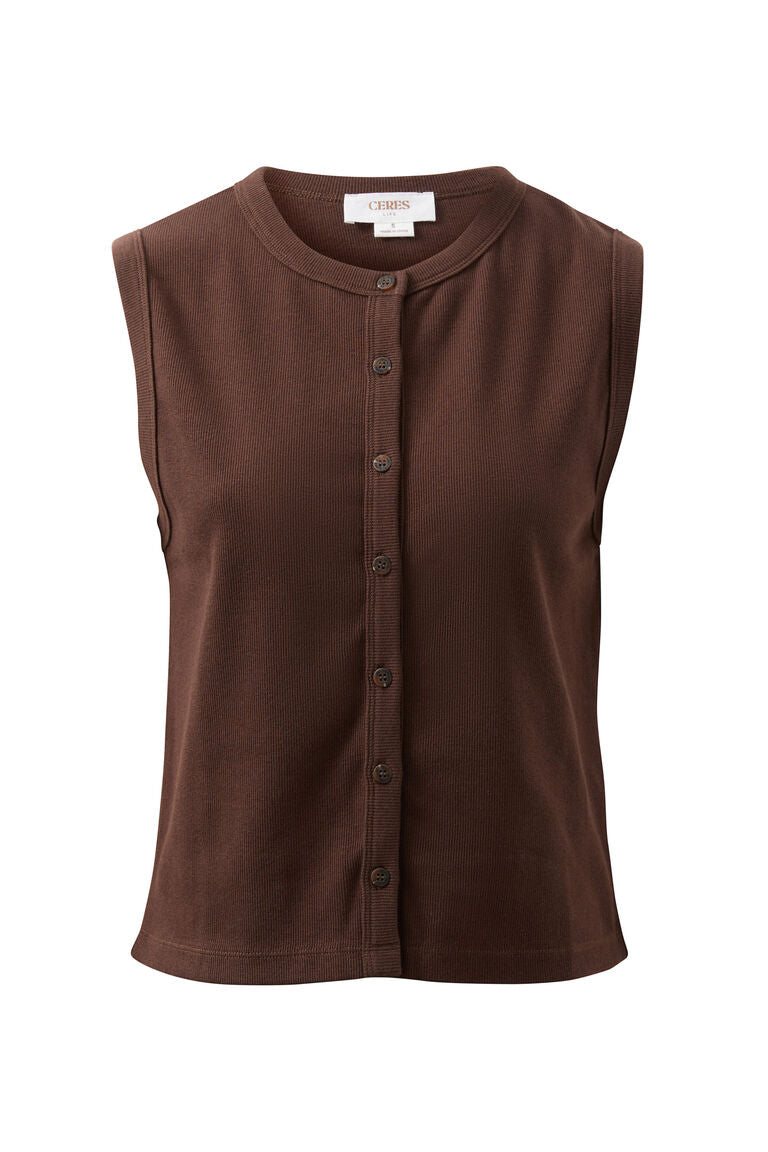 Lyla Button Through Rib Tank | Chocolate