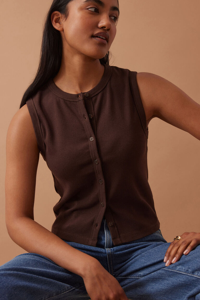 Lyla Button Through Rib Tank | Chocolate