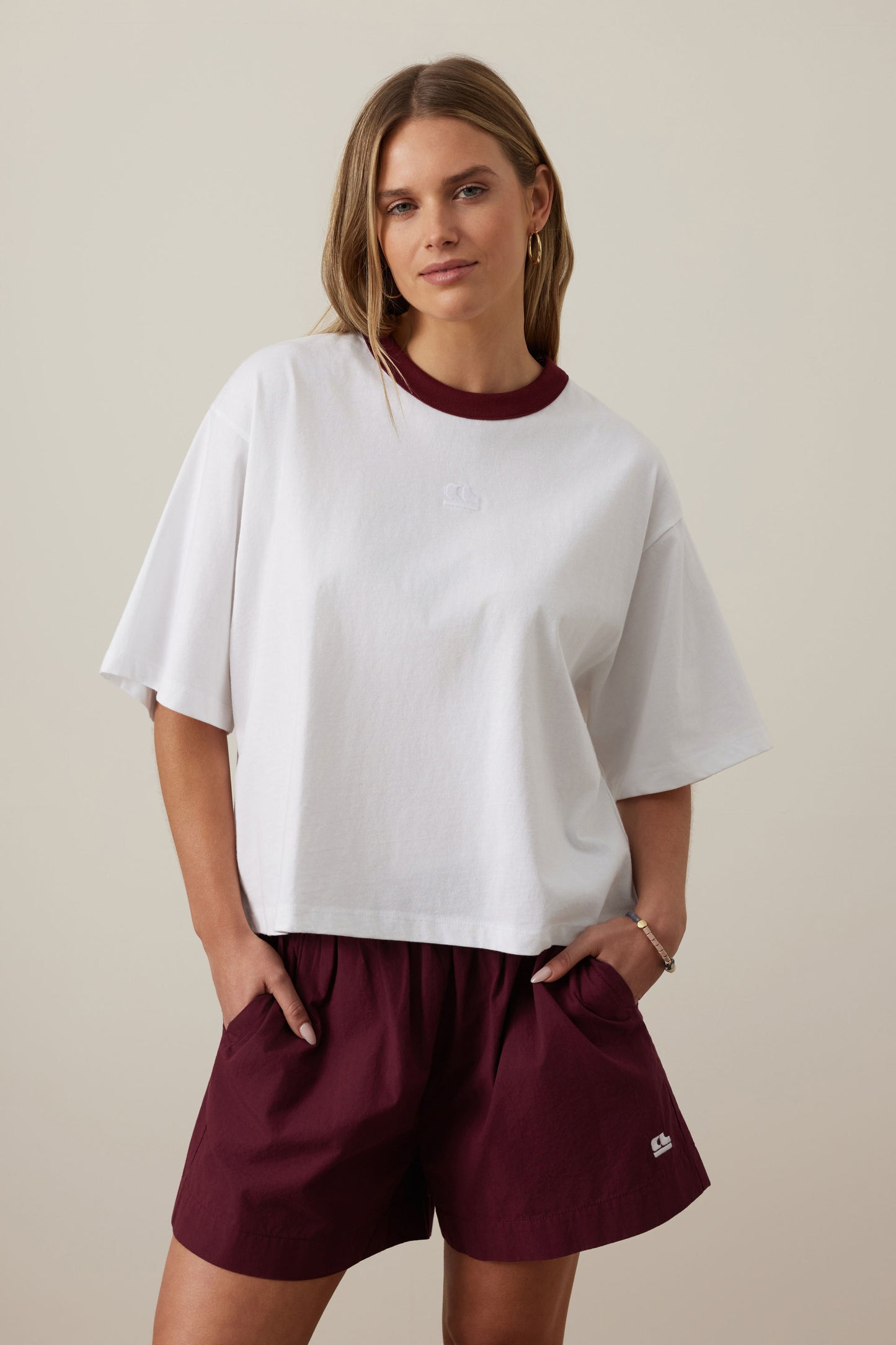 Phoebe Tee | White / Burgundy