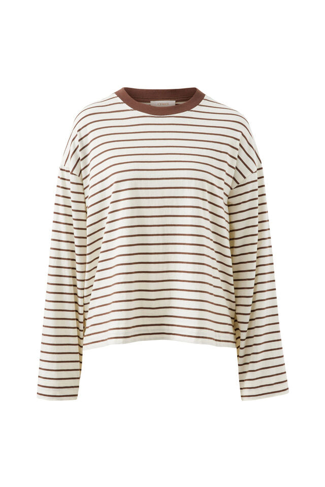 Beau Long Sleeve Slouchy Tee | Milk/ Brunette Brown Stripe