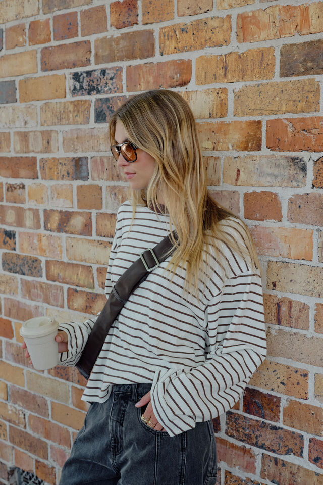 Beau Long Sleeve Slouchy Tee | Milk/ Brunette Brown Stripe