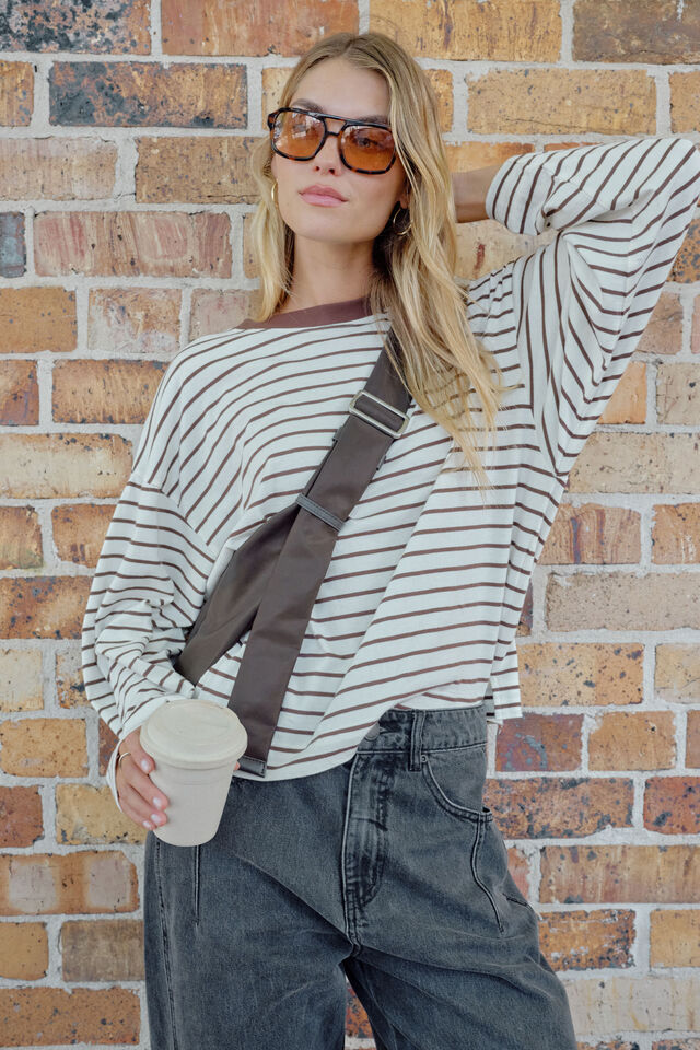 Beau Long Sleeve Slouchy Tee | Milk/ Brunette Brown Stripe