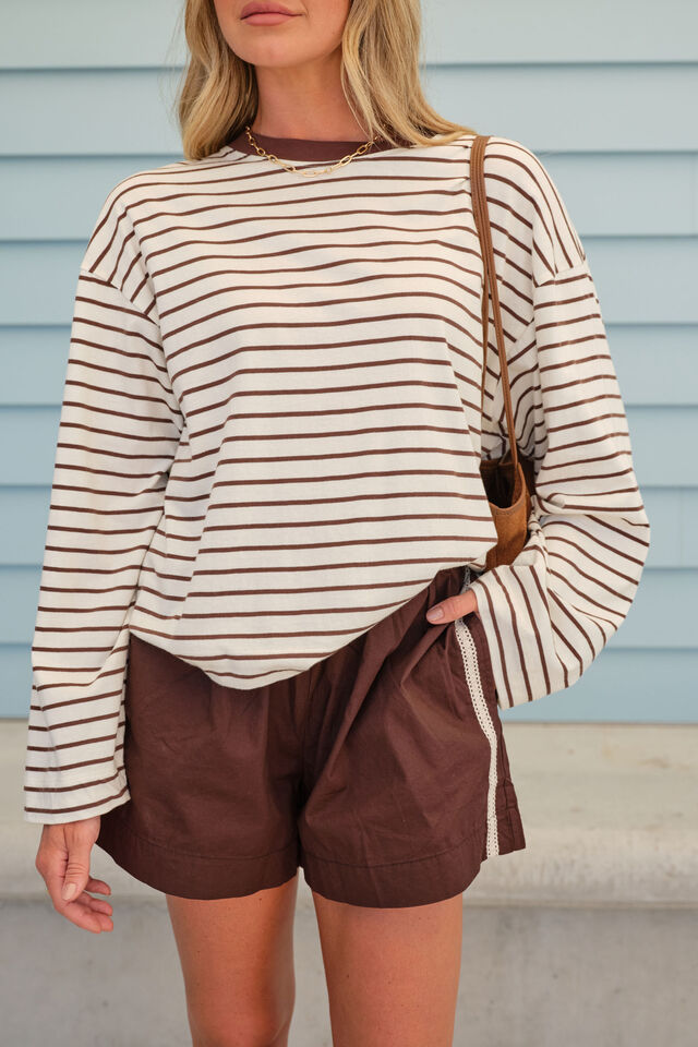 Beau Long Sleeve Slouchy Tee | Milk/ Brunette Brown Stripe