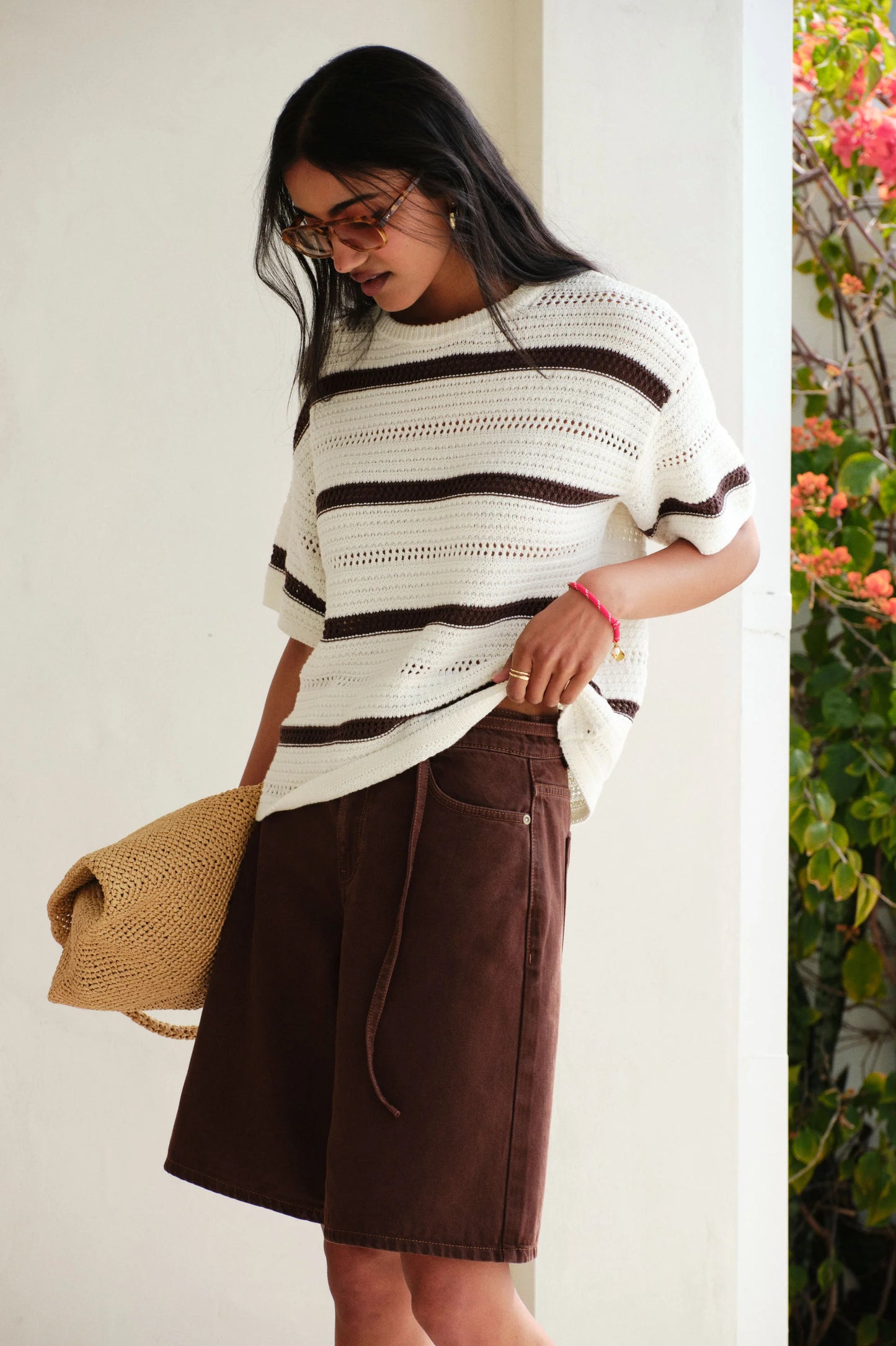 Nellie Boxy Knit Tee | Milk/ Brunette Wide Stripe