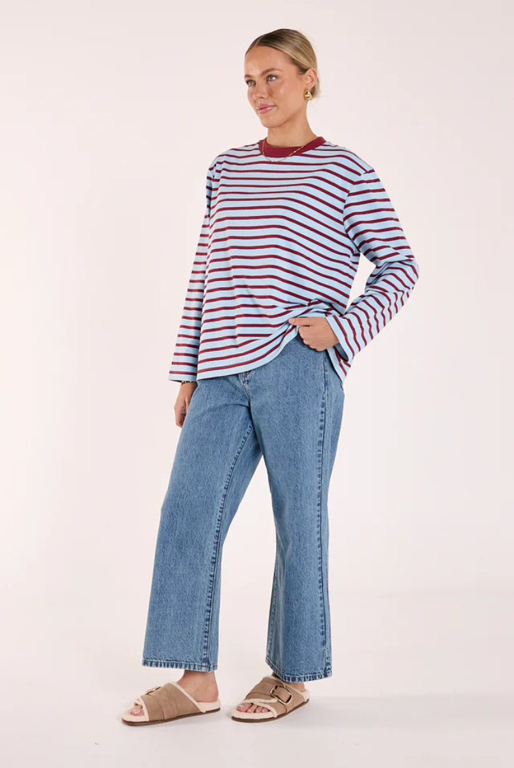 Carter Long Sleeve Tee | Wine/ Blue Stripe