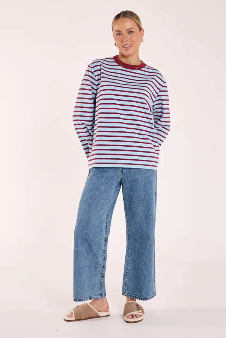Carter Long Sleeve Tee | Wine/ Blue Stripe
