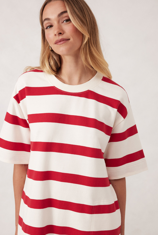 Midi Terry Dress | White Red Bold Stripe