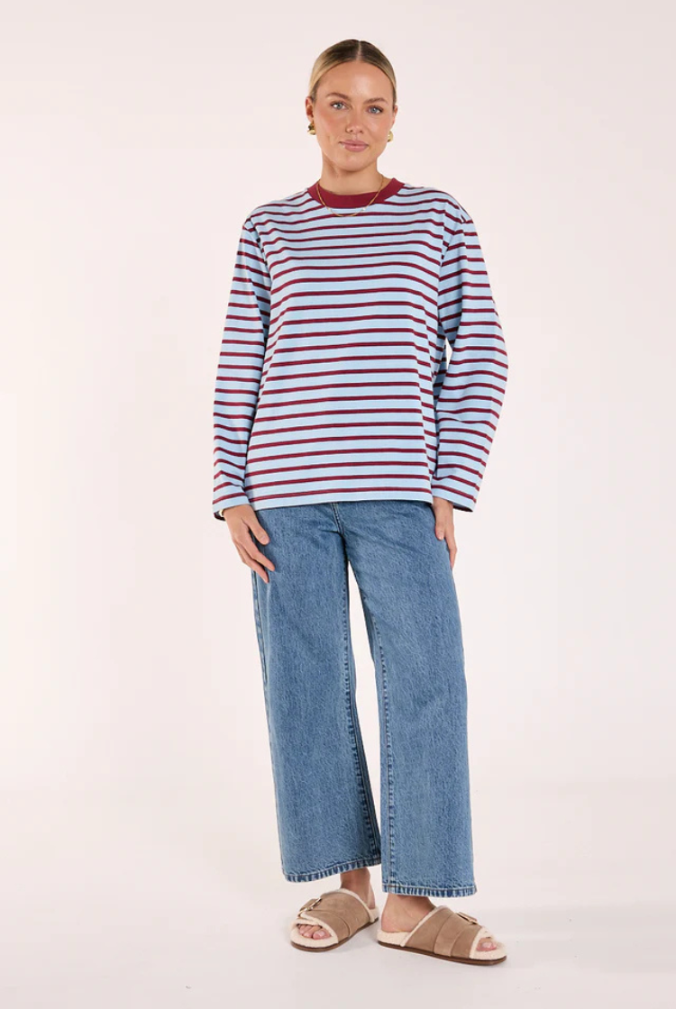 Carter Long Sleeve Tee | Wine/ Blue Stripe