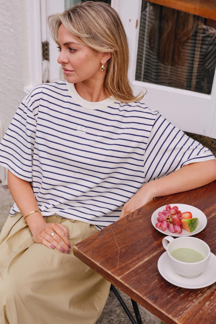 Phoebe Premium Tee | Milk/ Prussian Blue Stripe