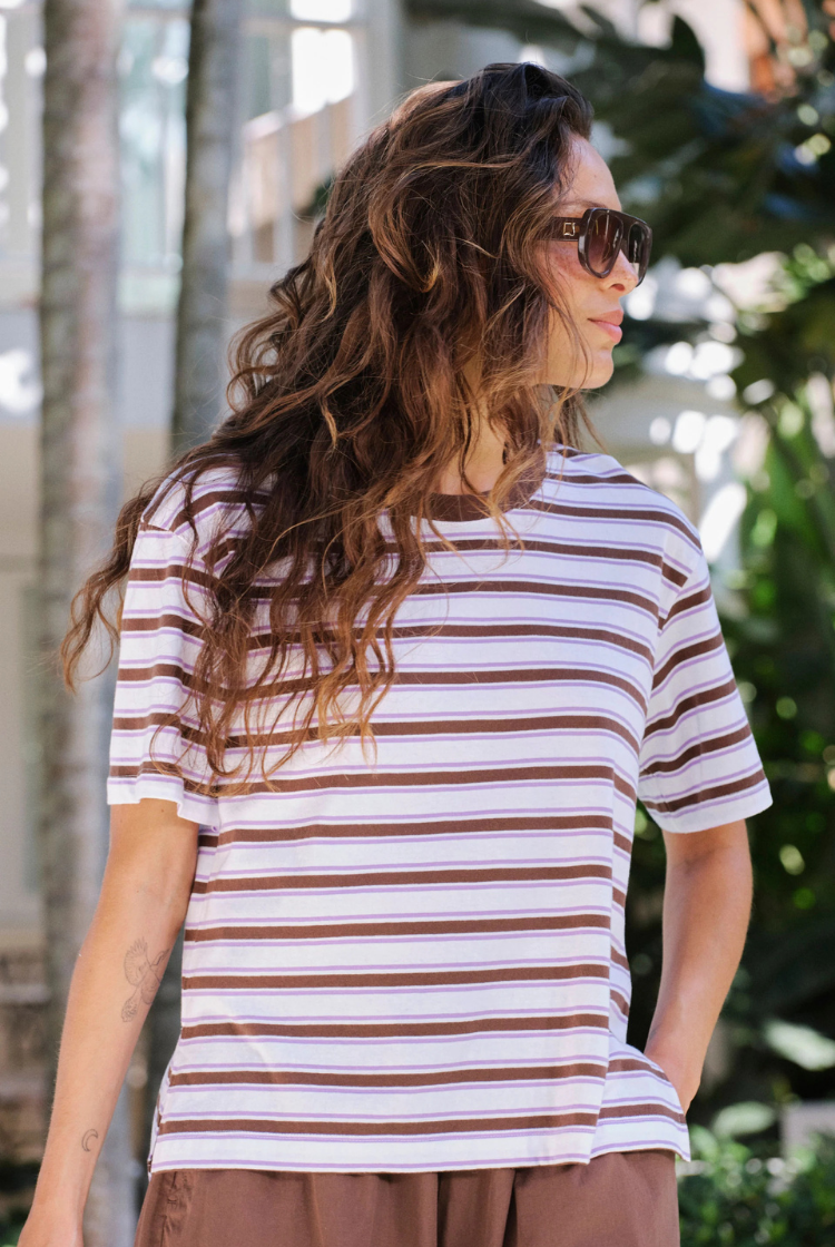 Stevie Slouchy Tee | Brunette/ Orchid stripe