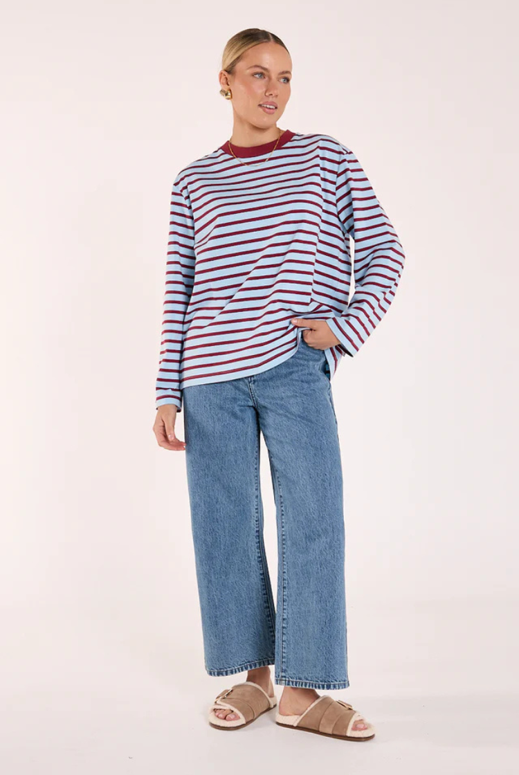Carter Long Sleeve Tee | Wine/ Blue Stripe