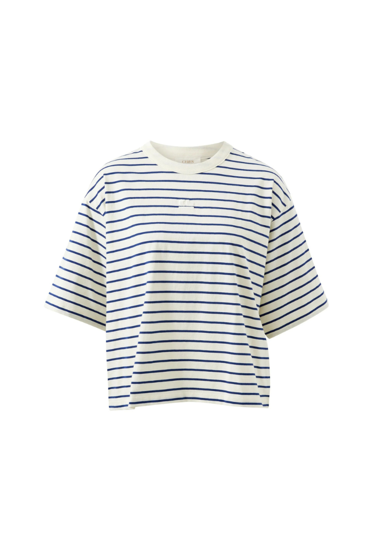 Phoebe Premium Tee | Milk/ Prussian Blue Stripe