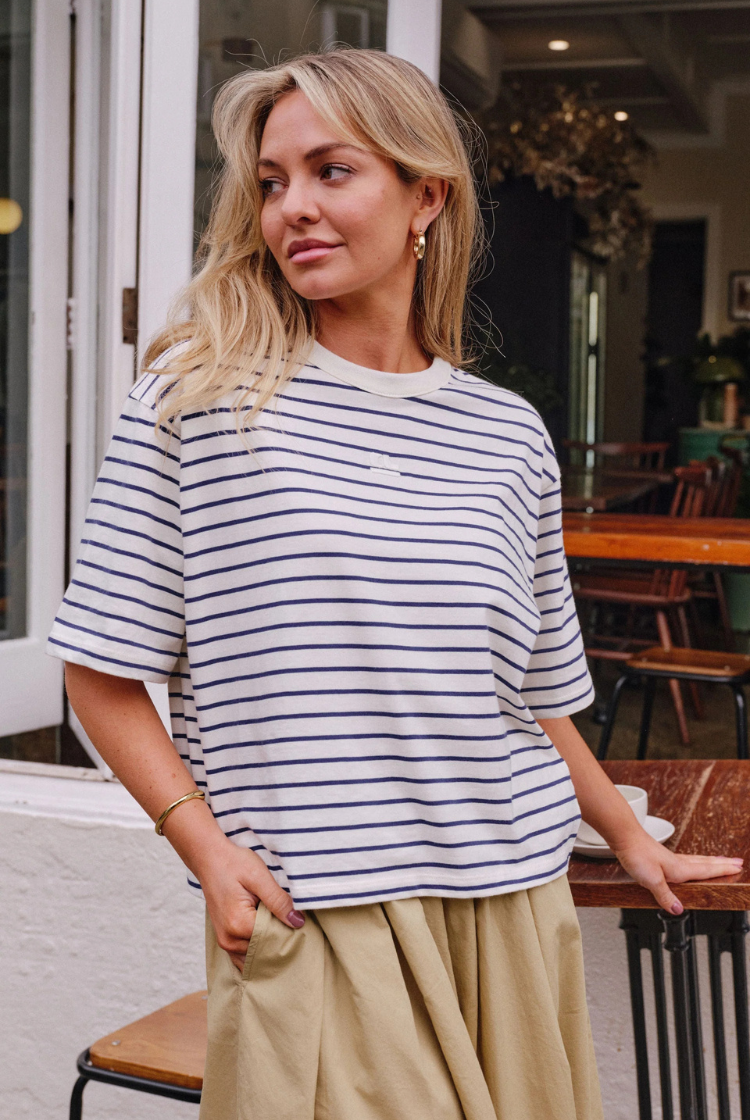Phoebe Premium Tee | Milk/ Prussian Blue Stripe