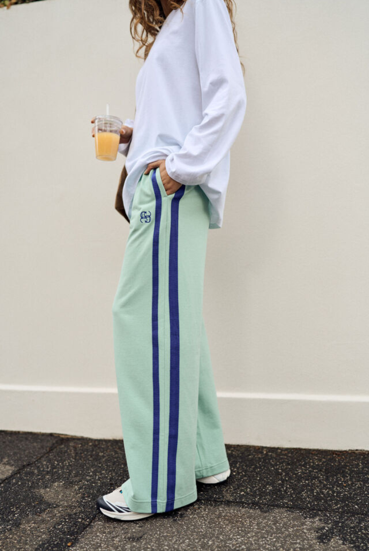 Gigi Wide Leg Terry Trackpant | Seafoam/ Polo Blue Side Stripe