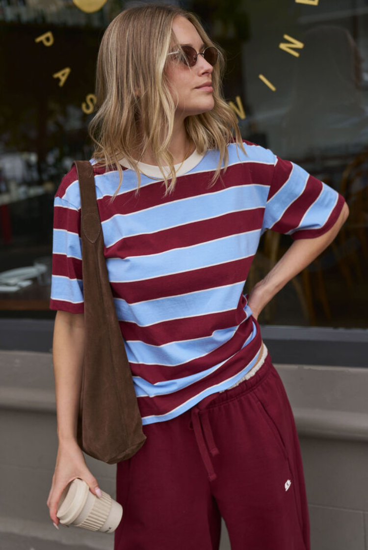 Stevie Slouchy Tee | Burgundy/ Sky Blue Stripe