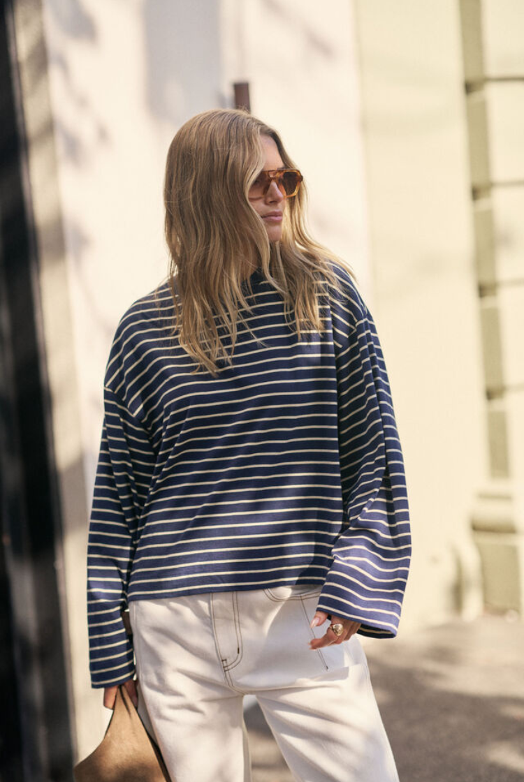 Beau Long Sleeve Slouchy Tee | Heritage Navy/ Marshmallow Stripe