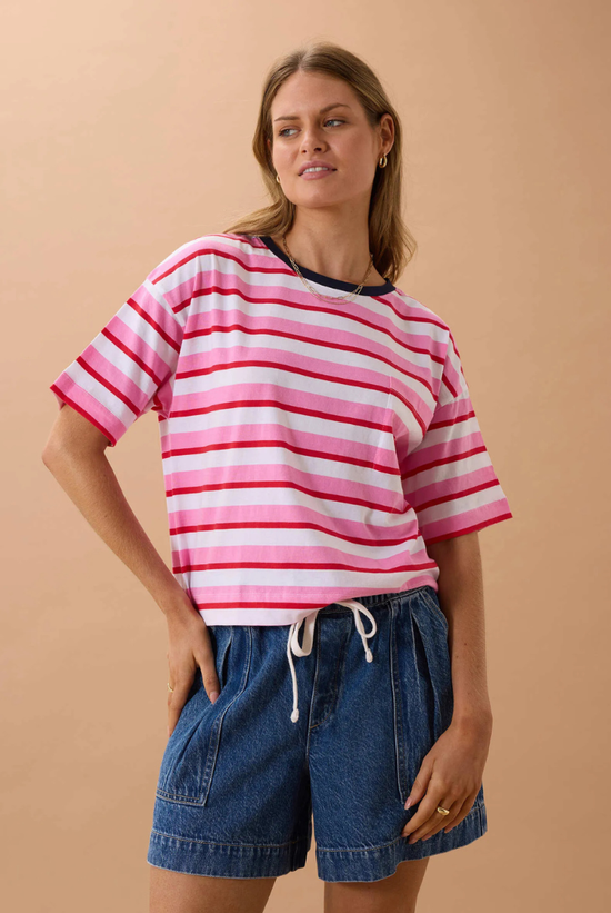 Boa Boxy Pocket Tee | Hibiscus Heritage Red Stripe